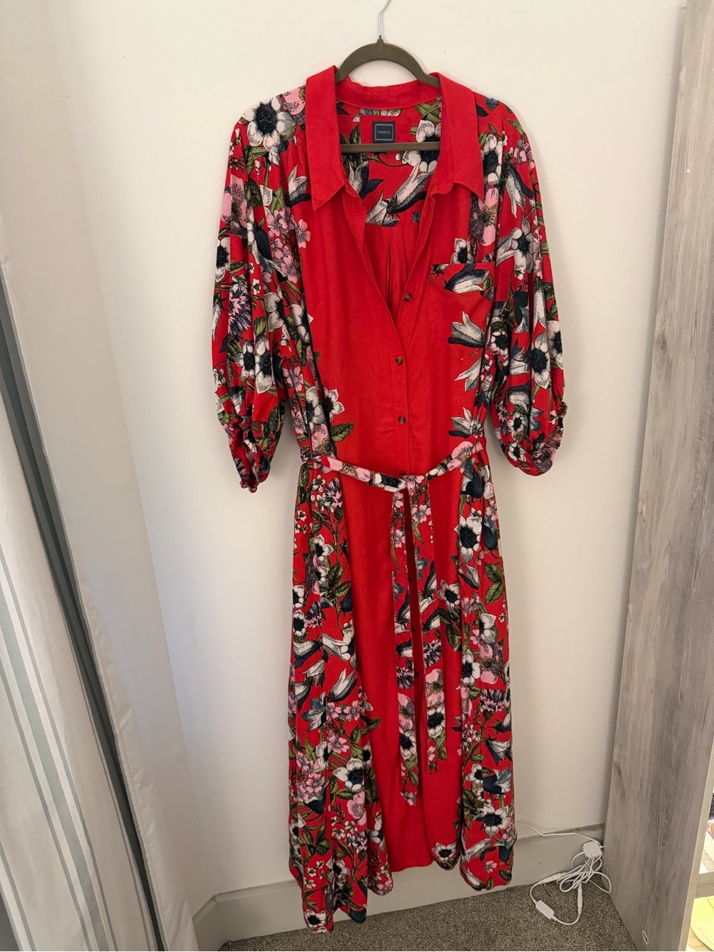 Anthropologie Red Floral Maxi Dress with Tie Belt